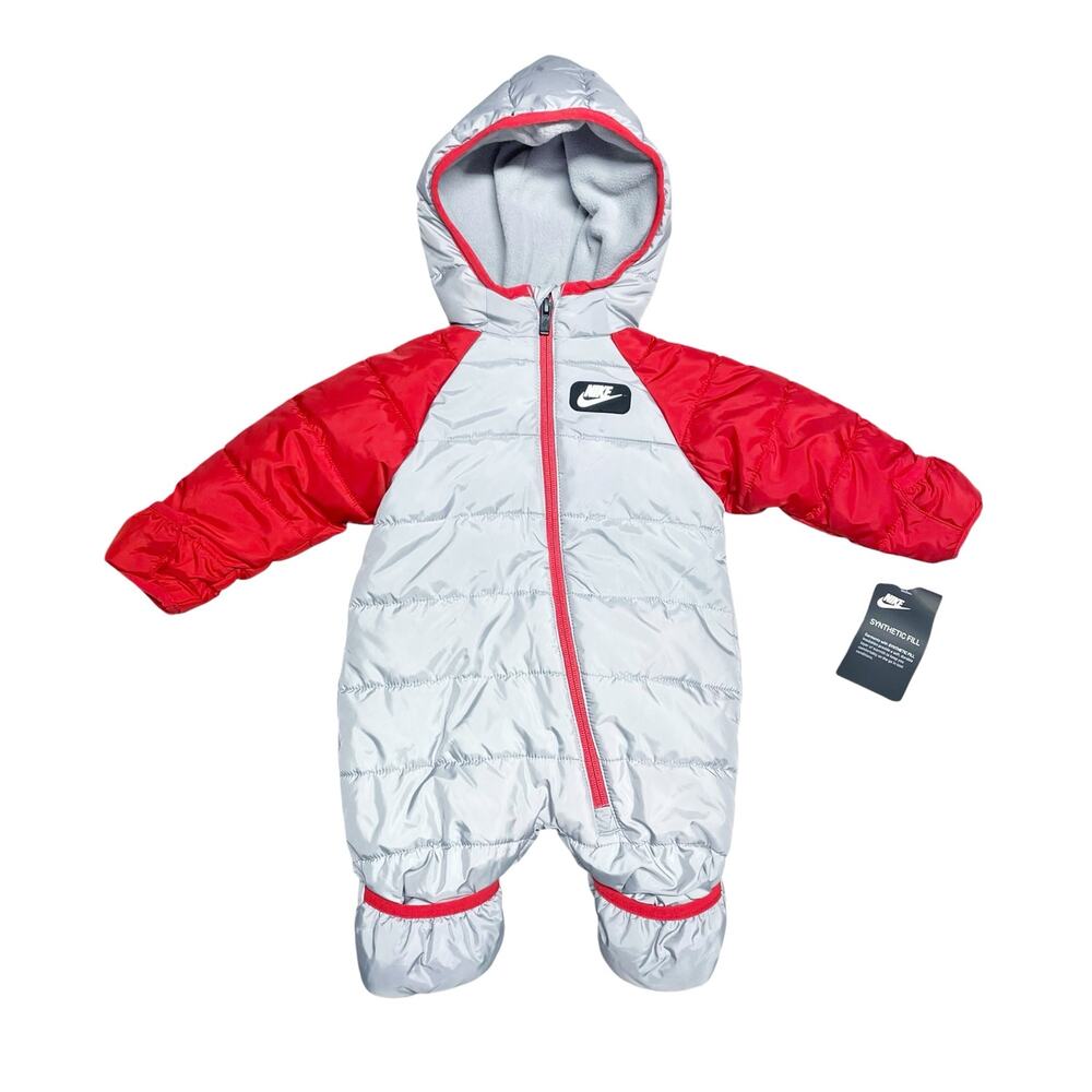 NIKE NWT Baby Boy Hooded Puffer Snowsuit Gray/Red Colorblock Infant Size 3M